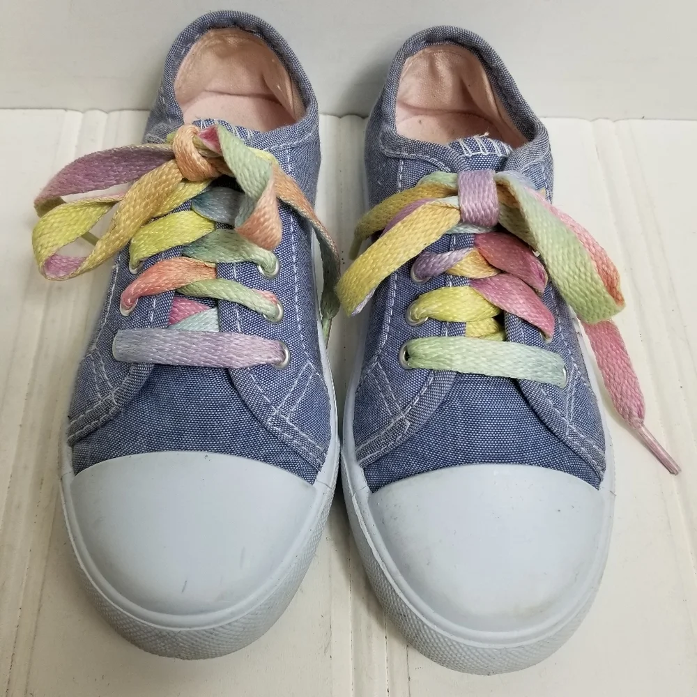 Bobbie Brooks Sneakers Girls 12 Canvas Rainbow Lace Up Lightweight Blue Casual